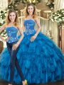Stylish Floor Length Lace Up 15th Birthday Dress Blue for Sweet 16 and Quinceanera with Beading and Ruffles