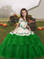 Tulle Straps Sleeveless Lace Up Embroidery and Ruffled Layers Kids Formal Wear in Green