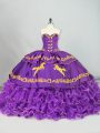 Vintage Purple Sweetheart Lace Up Embroidery and Ruffled Layers Quinceanera Dress Brush Train Sleeveless