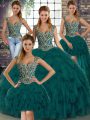 Fine Peacock Green Ball Gowns Straps Sleeveless Organza Floor Length Lace Up Beading and Ruffles Quinceanera Gown