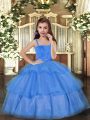 Blue Tulle Lace Up Pageant Gowns For Girls Sleeveless Floor Length Ruffled Layers