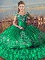 Off The Shoulder Sleeveless Sweet 16 Dresses Floor Length Embroidery and Ruffled Layers Green Organza