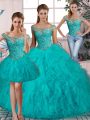 Modern Aqua Blue Sleeveless Beading and Ruffles Lace Up Quinceanera Gown