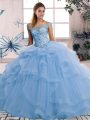 Modern Blue Tulle Lace Up 15 Quinceanera Dress Sleeveless Floor Length Beading and Ruffles