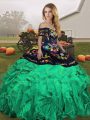 Deluxe Green Sweet 16 Quinceanera Dress Military Ball and Sweet 16 and Quinceanera with Embroidery and Ruffles Off The Shoulder Sleeveless Lace Up