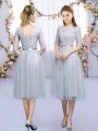 Captivating Tea Length Grey Bridesmaid Gown Tulle Half Sleeves Lace and Belt