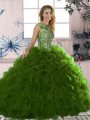 Olive Green Sleeveless Floor Length Beading and Ruffles Lace Up Quinceanera Gown