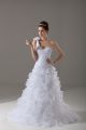 Cute Sleeveless Brush Train Ruffles and Hand Made Flower Lace Up Wedding Gown