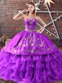 High Quality Floor Length Lace Up Sweet 16 Dresses Purple for Sweet 16 and Quinceanera with Embroidery and Ruffled Layers
