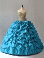 Sweetheart Sleeveless 15th Birthday Dress Brush Train Beading and Pick Ups Aqua Blue Taffeta