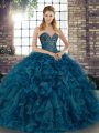 Cute Teal Ball Gowns Beading and Ruffles Sweet 16 Dresses Lace Up Organza Sleeveless Floor Length