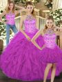 New Style Floor Length Fuchsia Ball Gown Prom Dress Halter Top Sleeveless Lace Up