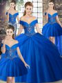 Designer Royal Blue Tulle Lace Up Off The Shoulder Sleeveless Quinceanera Dress Brush Train Beading and Pick Ups
