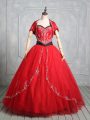 Super Red Sleeveless Embroidery Floor Length 15 Quinceanera Dress