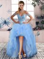 Dazzling Light Blue A-line Beading and Ruffles Prom Dresses Lace Up Tulle Sleeveless High Low