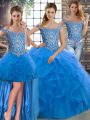 Flare Blue Sleeveless Brush Train Beading and Ruffles Quinceanera Gown