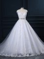 Glorious Sleeveless Court Train Zipper Beading and Lace Bridal Gown