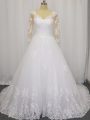 Gorgeous White V-neck Neckline Beading and Lace Wedding Dress 3 4 Length Sleeve Zipper