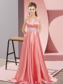 Attractive Watermelon Red Elastic Woven Satin Backless Evening Dress Sleeveless Brush Train Beading