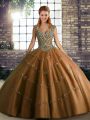 Brown Ball Gowns Tulle Straps Sleeveless Beading and Appliques Floor Length Lace Up 15th Birthday Dress