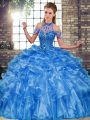 Customized Blue Lace Up Sweet 16 Quinceanera Dress Beading and Ruffles Sleeveless Floor Length