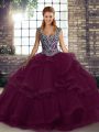 Enchanting Straps Sleeveless Quince Ball Gowns Floor Length Beading and Ruffles Dark Purple Tulle