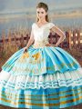 Trendy Blue And White Organza Lace Up 15th Birthday Dress Sleeveless Floor Length Embroidery and Ruffled Layers