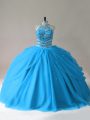Baby Blue Lace Up Ball Gown Prom Dress Beading Sleeveless Floor Length