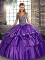 Straps Sleeveless Vestidos de Quinceanera Floor Length Beading and Ruffled Layers Purple Taffeta
