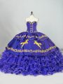 Chic Purple Ball Gowns Sweetheart Sleeveless Organza Brush Train Lace Up Embroidery and Ruffled Layers Quinceanera Dresses