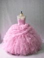 Flare Pink Quinceanera Dress Sweet 16 and Quinceanera with Beading and Ruffles Scoop Sleeveless Brush Train Lace Up