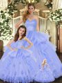 Modest Lavender Sweetheart Lace Up Appliques and Ruffles 15th Birthday Dress Sleeveless