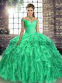 Turquoise Sleeveless Organza Brush Train Lace Up Quinceanera Gowns for Military Ball and Sweet 16 and Quinceanera
