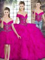 Trendy Off The Shoulder Sleeveless Lace Up Quinceanera Gown Fuchsia Tulle