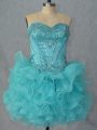 Aqua Blue Sleeveless Beading and Ruffles Mini Length Prom Dresses
