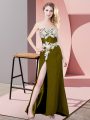 Floor Length Zipper Prom Gown Olive Green for Prom and Party and Military Ball with Lace and Appliques