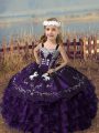 Purple Little Girl Pageant Dress Wedding Party with Embroidery and Ruffled Layers Straps Sleeveless Lace Up