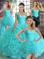 Cheap Sleeveless Floor Length Beading Lace Up 15 Quinceanera Dress with Aqua Blue