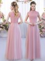 Pink Zipper High-neck Lace Wedding Guest Dresses Tulle Cap Sleeves