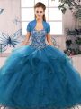 Hot Sale Sleeveless Floor Length Beading and Ruffles Lace Up Quinceanera Gowns with Blue