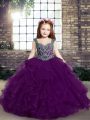Straps Sleeveless Winning Pageant Gowns Floor Length Beading and Ruffles Eggplant Purple Tulle