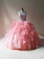Floor Length Lace Up Quince Ball Gowns Pink for Sweet 16 and Quinceanera with Beading and Ruffles