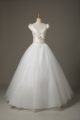 White Tulle Lace Up V-neck Short Sleeves Floor Length Wedding Dress Beading and Appliques and Bowknot