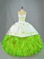 Green Satin and Organza Lace Up Sweetheart Sleeveless Sweet 16 Dresses Brush Train Beading and Embroidery