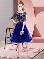 Knee Length Lace Up Wedding Party Dress Blue for Wedding Party with Embroidery