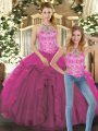 Hot Sale Floor Length Fuchsia Quinceanera Gowns Halter Top Sleeveless Lace Up