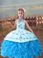 Halter Top Sleeveless Little Girls Pageant Dress Floor Length Beading and Embroidery and Ruffles Baby Blue Organza