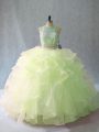 Beading and Ruffles Quinceanera Gown Yellow Green Backless Sleeveless Brush Train