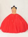 Red Lace Up Halter Top Beading and Appliques 15 Quinceanera Dress Tulle Sleeveless