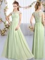 Amazing Cap Sleeves Chiffon Floor Length Clasp Handle Bridesmaid Dress in Yellow Green with Lace